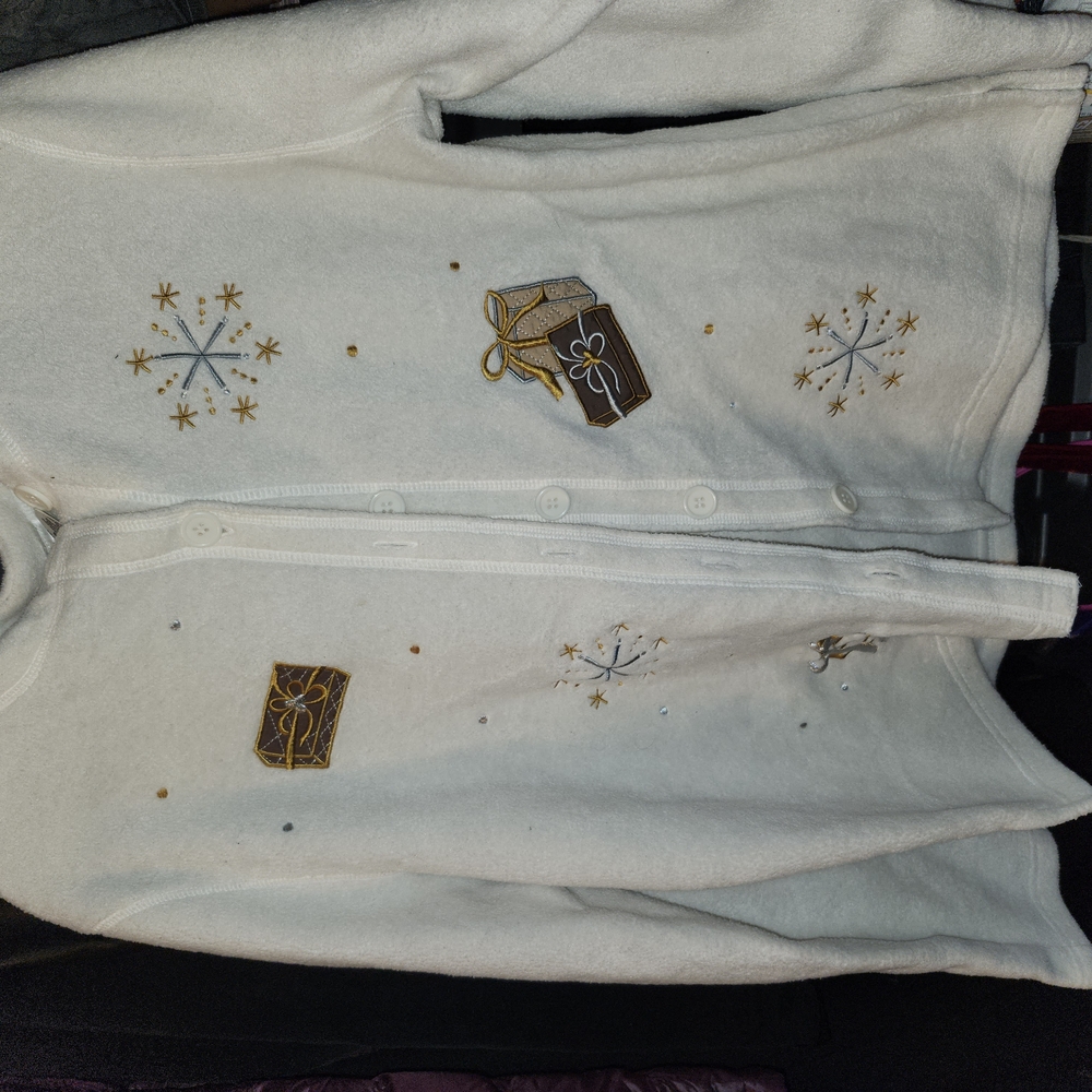 Festive White Cardigan with Gift and Snowflake Embroidery